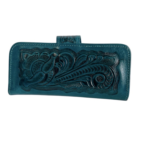 Saly Limon USA Handmade Teal Wallet Floral Tooled Vintage Bohemian Western Style - Picture 3 of 8